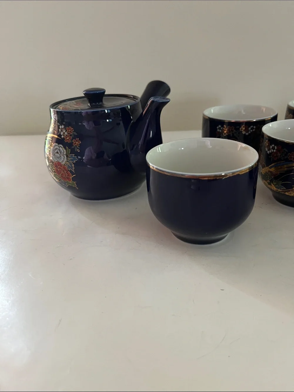 Vintage Porcelain Tea Set /side handle and 5 cups  Blue/gold with floral design